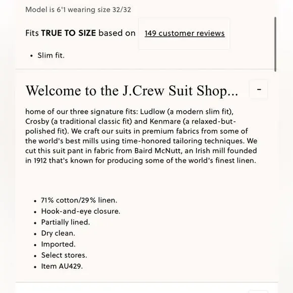 J.Crew Ludlow Slim-fit suit pant in Irish cotton-linen blend 33/34 - Picture 2 of 4